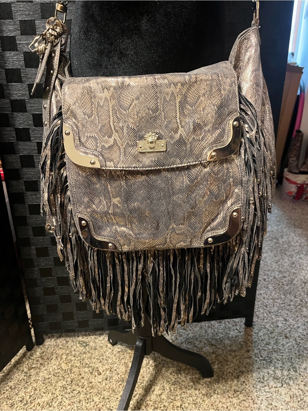 Christian  Audigier Fringe Snake-Print Crossbody Bag in Taupe